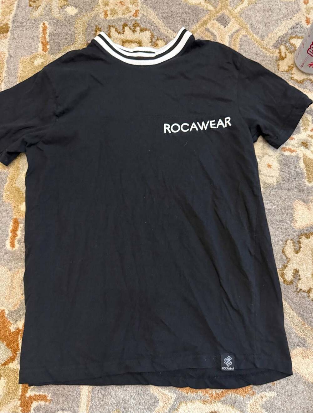 Rocawear Men's Black Short Sleeve T-Shirt with White Striped Collar